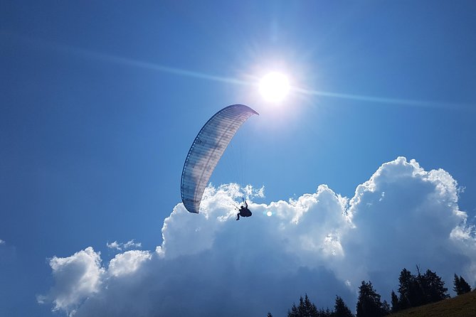 Tandem paragliding in the Stubai Valley near Innsbruck - The view toward the Stubai Glacier and Pinnistal